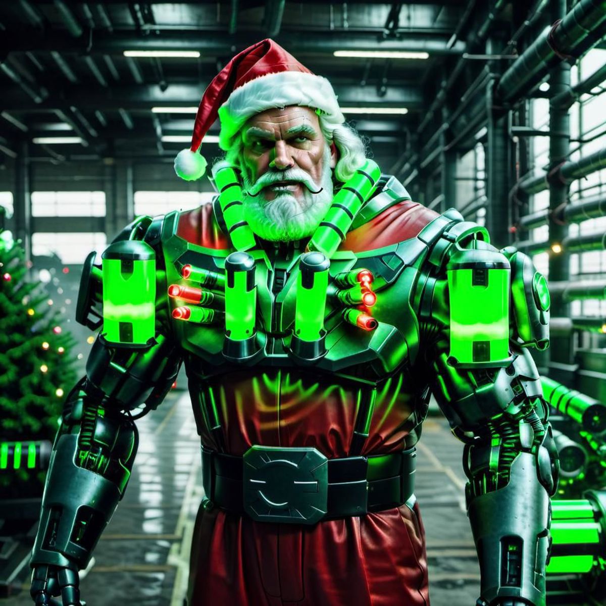 A robot in a Santa Claus costume with a green necklace and hat.