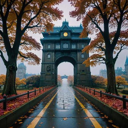 (art by Takasaki Masaharu:1.1) and (Studio Ghibli:1.3) , anime key visual, intricate background, landscape of a Nasty Energetic (Hench:1.3) from inside of The Tower Bridge, autumn trees with Walnut, Thunderstorm, Movie still, Horror, Yuccie Art, Light and shadow plays, pinhole lens, Kodachrome, Soutache, Plain white background, Best quality, wallpaper