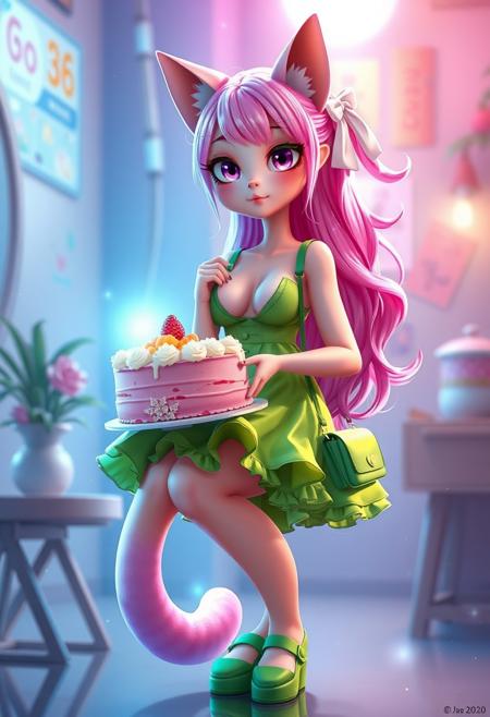 Realistic anime. 3d Pixar , Cat girl with neon pink hair that reaches the floor, sparkling pale pink eyes, voluptious, big boobs, wearing a short, slutty, green sundress with a ridiculous amount of frilly ruffles on the hem, cleavage, cute face, ribbons in hair, green Mary Jane shoes, green cross body purse, she is eating a whole cake with her bare hands. glow, god rays, ethereal, dreamy, heavenly, otherworldly, dream-like, breathtaking, captivating, divine, Bioluminescent,