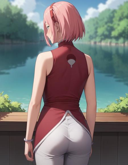  sakurabr, haruno sakura, forehead mark, hairband red sleeveless, white pants, bracelet, navel