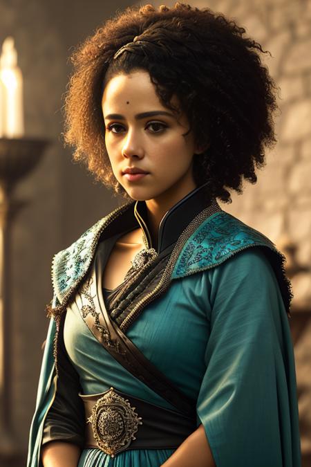 portrait photo of missanxx a black woman with short afro hair, wearing a teal gown in a royal palace in game of thrones, modelshoot style, (extremely detailed CG unity 8k wallpaper), photo of the most beautiful artwork in the world, professional photorealistic picture, NIKON, RAW, trending on ArtStation, trending on CGSociety, Intricate, High Detail, Sharp focus, dramatic, photorealistic painting art by midjourney and greg rutkowski <lora:missanxx:1>