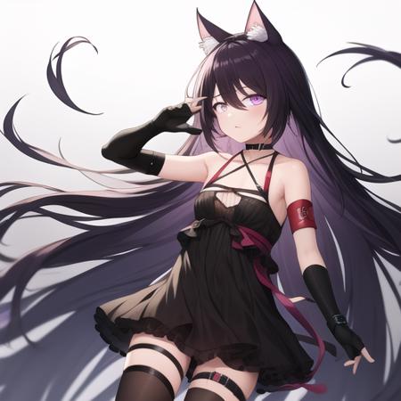 masterpiece,best quality,absurdres,highres,1girl,solo,upper body,animal_ears,very_long_hair,black_gloves,cat_ears,fingerless_gloves,thigh_holster,black_dress,cat_tail,looking_at_viewer,black_thighhighs,asymmetrical_gloves,animal_ear_fluff,uneven_gloves,short_dress,purple_hair,black_footwear,cat_girl,elbow_gloves,thigh_strap,zettai_ryouiki,black_hair,pink_eyes,armband,choker,sleeveless_dress,criss-cross_halter,bangs,hair_between_eyes,purple_eyes,arm_strap,boots,small_breasts,<lora:Melantha(ark)>,