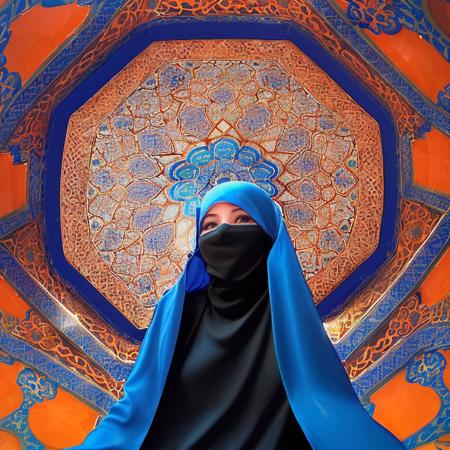 a women in a niqab with free spirit floating in front of a octagon blue and orange mosque ceiling<lora:mosque_ceiling_v1.0.2:1>