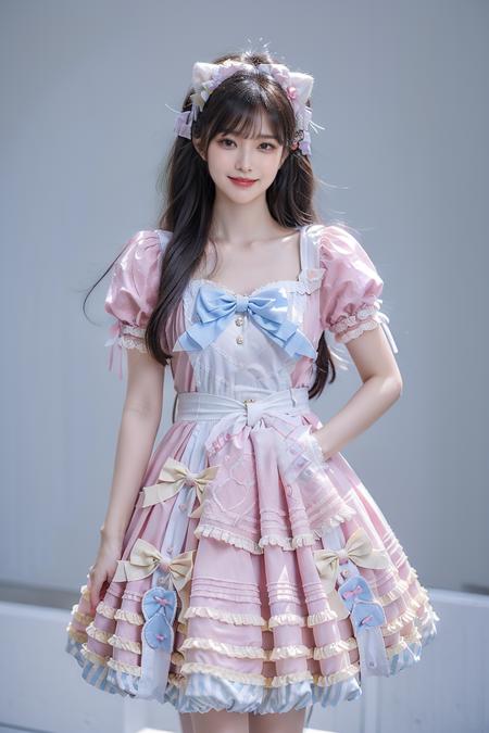 best quality, quality, masterpiece, photorealistic, 1girl, solo, standing, long black hair, straight hair, blunt bangs, looking at viewer, smile, cowboy shot, cyb dress, bow, apron, frills, puffy short sleeves, hair ornament,v,simple background, <lora:sweet_attire_style1_v1:0.65>