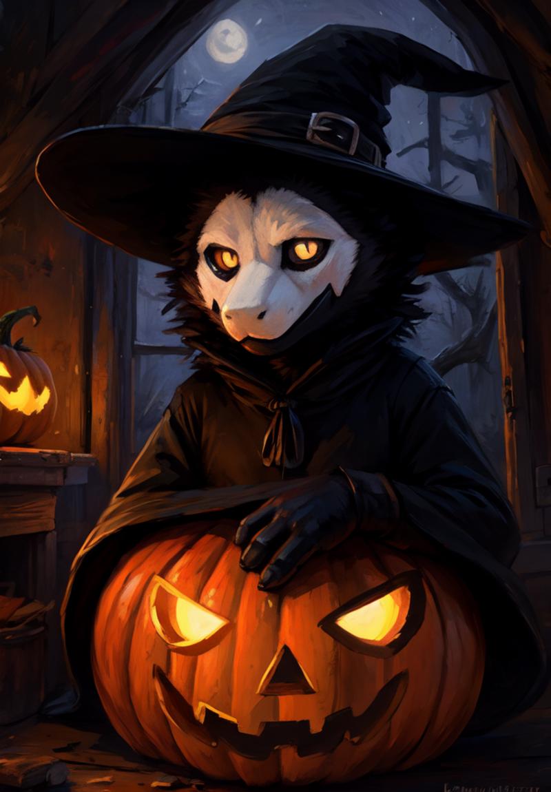 A black and white witch's cat holding a pumpkin in the dark.