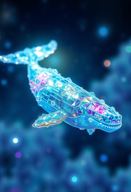 Create a surreal, dreamlike scene of a whale, but instead of traditional skin and flesh, the whale is made up of delicate, crystalline structures that seem to refract and reflect light in a dazzling display of colors and patterns. The crystals are arranged in a intricate, geometric pattern that seems to shift and change as the viewer looks at it, creating a sense of depth and texture. The art style is a fusion of traditional crystallography and digital art, with bold, vibrant colors and intricate, detailed patterns that create a sense of depth and texture. The colors are bright and glowing, with a focus on blues, greens, and purples to convey a sense of wonder and magic. Style: crystallography, digital art, surreal. Colors: bright, glowing, blue, green, purple. Highest-Quality, 4k, Masterpiece