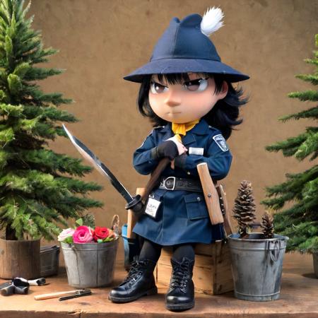 colourful, black hair, knee pads, holding wand, crossover, hat flower, shoes, pine tree, sandwich, ^_^, policewoman, wooden bucket, crossed arms, holding knife <lora:Moomin-000005:1>