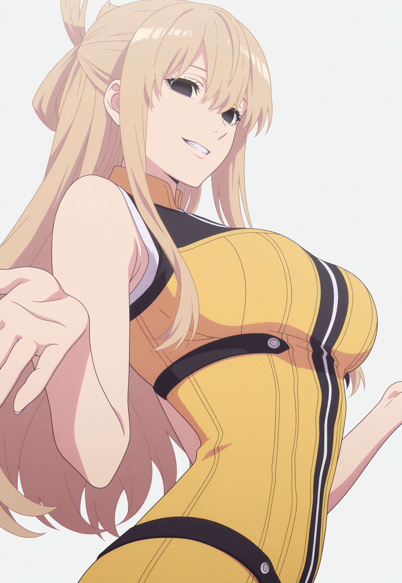 A woman with dark eyes, long blonde hair, and a confident, is standing with her body angled while shrugging with both arms. She is wearing a sleeveless yellow bodysuit with vertical ribbing and black and white trim. 