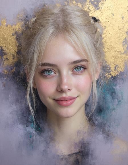 Oil painting rendered in ethereal pastels, hyper-close Dutch tilt framing: a cherubic blonde woman leans forward, messy pigtails cascading over blunt bangs, stray golden strands backlit like filaments. Thick pink lips part in a blushing smirk, cyan-blue eyes locking the viewer under brows veiled by hair. Matte black velvet dress dissolves into swirling indigo ink blooms, pooling at her collarbone. Palette: crushed lavender blush, powdered sugar highlights, inky voids. Makoto Fujimura-inspired nihonga marbling meets Klimt-esque gilt textures. Diffused studio light fractures through airborne ink droplets—innocence laced with liquid chaos.