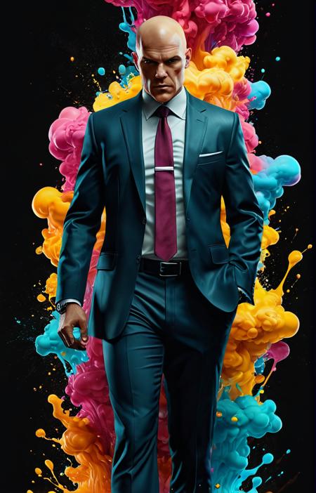 Agent 47,alberto seveso art,water ink,colorful cloud,loose painting style,intricate detail,octane render,8K,volumetric lighting