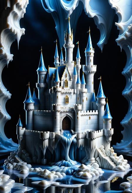 Ultrarealistic. sharp focus, dynamic lighting. play of light, Raytracing, Ultra detailed. (((Liquid Marble style))). A castle made of Liquid Marble.