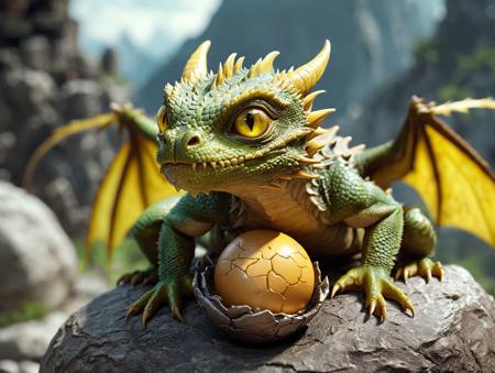 Hyperrealistic art , dragon's nest, a small green-brown dragon hatchling with bright yellow eyes hatches from a dragon's egg, shallow depth of field, ultra highly detailed, bokeh, cinemascope, moody, epic, gorgeous, film grain, grainy, 16k, 
<lora:add-detail-xl:1.8>  . Extremely high-resolution details, photographic, realism pushed to extreme, fine texture, incredibly lifelike