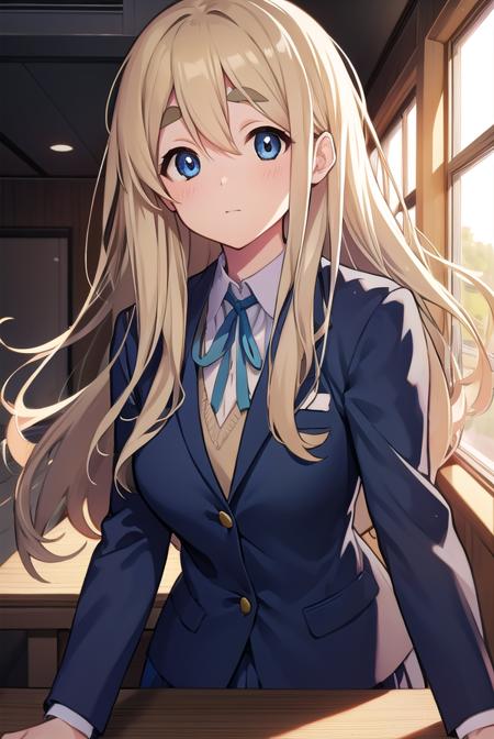 tsumugikotobuki, <lora:tsumugikotobukitest:1>,
tsumugi kotobuki, blonde hair, blue eyes, long hair, thick eyebrows, eyebrows,
BREAK sakuragaoka high school uniform, school uniform,
BREAK looking at viewer,
BREAK indoors, classroom,
BREAK <lora:GoodHands-vanilla:1>, (masterpiece:1.2), best quality, high resolution, unity 8k wallpaper, (illustration:0.8), (beautiful detailed eyes:1.6), extremely detailed face, perfect lighting, extremely detailed CG, (perfect hands, perfect anatomy),