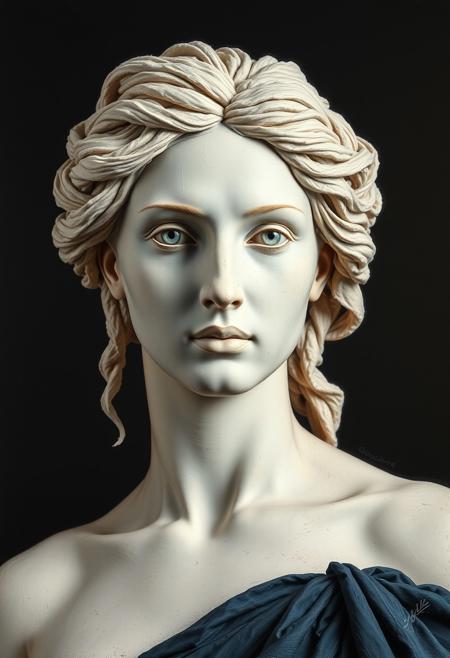 full shot, front view of a beautiful Greek Goddess, white clay textured skin, oil painting Rembrandt style, black background, hard brush stroke style