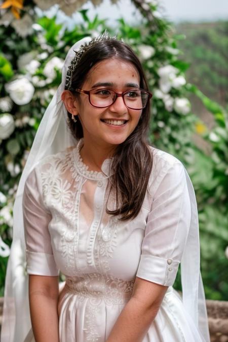 1girl,  wearing glasses,  wearing white wedding dress, <lora:EMS-46027-EMS:1.000000>