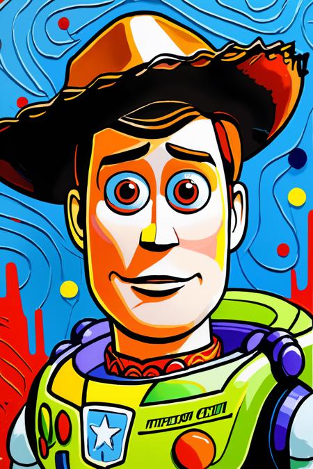 Toy Story, art of brut style, characterized by bright and bold colors, thick textured paint, intense black strokes and astonished details, 2d art <lora:detailed_notrigger:1>