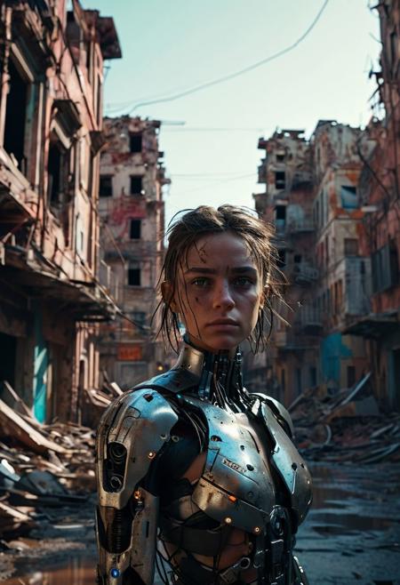 (hyperdetailed, cinematic, oscar-winning shot in camera canon eos r6 mark II, len ee 35mm, f2.6). Desolated city, ruin buildings, 22yo 1woman, cute face, cyborg body, thin and bold messy wires through her body, (human skin:1.2), (cyborg parts:1.5). desaturated colors, cold color shades, noise grain movie, cinematic lighting. Hyperdetailed, high-contrast, masterpiece, 8K, UHD, HDR. realisticvision-negative-embedding