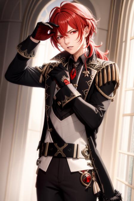 masterpiece, best quality,diluc (genshin impact), 1boy, red hair, male focus, long hair, gloves, solo, red eyes, bangs, long sleeves, looking at viewer, jacket, hair between eyes, ponytail, black gloves, black jacket, upper body, simple background,(kbxll:0.6)