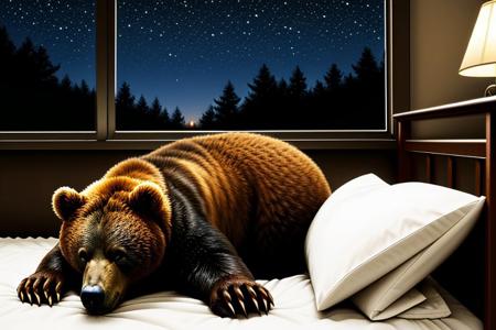 Bear sleeping in bed, hat, night