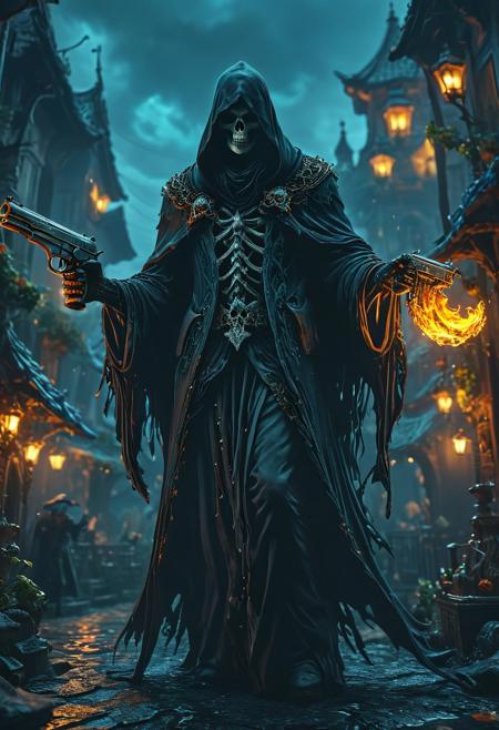 A menacing Grim Reaper wielding a pair of pistols. This intricately detailed matte painting showcases deep colors and a fantastical theme. With its striking splash screen design, the artwork skillfully employs complementary color schemes, immersing the viewer in a captivating fantasy concept. At an impressive 8k resolution, this masterpiece is making waves on Artstation and Unreal Engine 5 platforms.