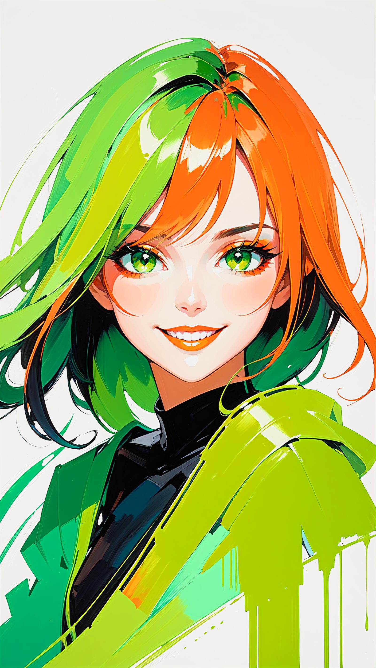Anime Woman with Green Hair and Green Outfit with a Big Smile