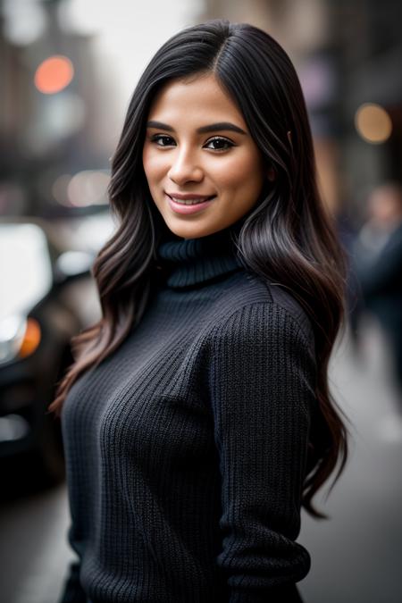 dian36ur3rr3r0 ,long hair, looking at viewer, smile, long sleeves,sweater, black shirt, turtleneck, purple background, hands on hips, black sweater, <lora:Diane_Guerrero_PMv1a_Lora:1>,, detailed skin texture, (blush:0.5), (goosebumps:0.5), subsurface scattering, ((Glamour Shot)), high quality photography, 3 point lighting, flash with softbox, 4k, Canon EOS R3, hdr, smooth, sharp focus, high resolution, award winning photo, 80mm, f2.8, bokeh