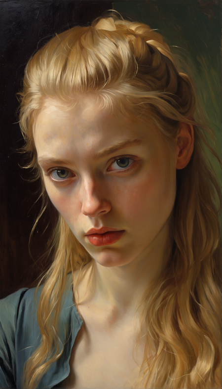 Classical oil painting, a close-up portrait of a young woman with long blonde hair. She is looking directly at the camera with a serious expression on her face. Her eyes are dark and her eyebrows are furrowed. Her hair is styled in loose waves and falls over her shoulders.The lighting is dramatic and dramatic. Caravaggio Vermeer Blake Sargent Turner Lautrec Degas Monet Manet Cassat Morisot Münter Kollwitz Malfatti Werefkin chiaroscuro Schjerfbeck, bold colours deep shadows, red blue green yellow brown black, dark thick inky shadows, reflected light subsurface scattering