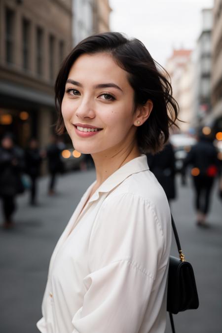 cinematic photo Candid photo of a beautiful woman, with captivating eyes, smiling amidst a bustling city, upper body framing, in a street photography setting, golden hour lighting:1.3), shot at eye level, on a Fujifilm X-T4 with a 50mm lens, in the style of Alfred Stieglitz, high quality photography, 3 point lighting, flash with softbox, 4k, Canon EOS R3, hdr, smooth, sharp focus, high resolution, award winning photo, 80mm, f2.8, bokeh, ((photographed by Vogue)), 35mm photograph, film, professional, 4k, highly detailed