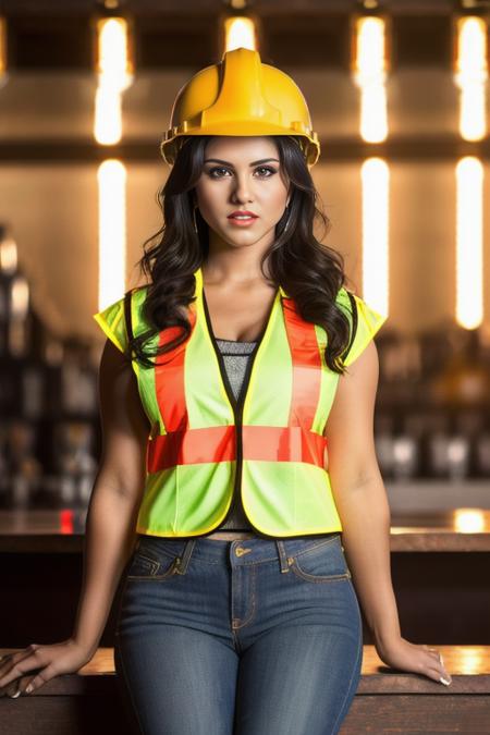 portrait photo of sunnyleone  beautiful woman hair updo upsweep nightclub sitting at bar (masterpiece) (construction outfit, yellow vest, hard hat, jeans, tools) red lips  (best quality) (detailed) (8k) (HDR) (wallpaper) (cinematic lighting) (sharp focus) (intricate)