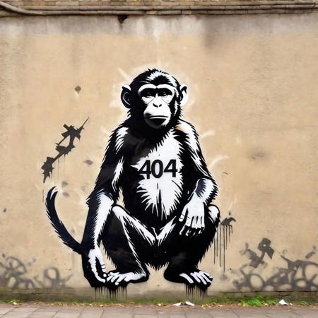 Banksy Style - banksy stencil of a 404 error, text "404", monkey, thought-provoking graffiti street art, hyper detailed, natural lighting, studio quality, film grain, UHD, DSLR, sharp focus, 8k high definition, UHD ,DSLR, professional film photography, trending on Artstation, professional photo, insanely detailed, intricate details, masterpiece