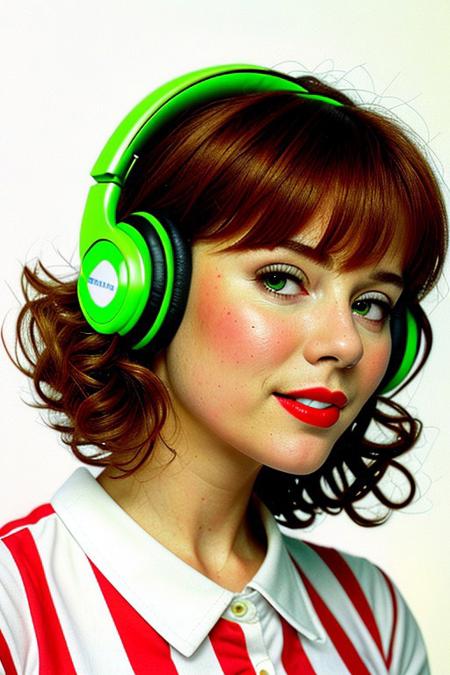 masterpiece, best quality, oil painting \(medium\), real, solo, 1girl, blonde hair, headphones, hair curls, read neon background, sound waves, red neon, white dress, musical note, red lipstick, medium hair, ringlets, green theme, hand on headphones, frills, puffy sleeves, short sleevesneon background, face close up,