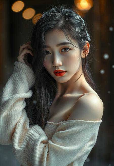 DLSR photograph, slender, beautiful extremely sexy 26 year old korean model . Pale skin, 
lighting<lora:MoriiMee_Gothic_Niji_Style_FLUX:0.3500000000000001> <lora:AsirAsianPhotographyflux:0.7000000000000002>
 (score_9, score_8_up, score_7_up), white theme, masterwork, masterpiece, best quality, dynamic pose, dynamic angle, (realistic:1.4), (lineless:1.2), detailed, <lora:Detailer_NoobAI_Incrs_v1:0.75>, , aged up, adult, depth of field, blurry, cheekbones, dynamic lighting, high detail, 8k  girl, kawai girl,Expressiveh, good_hands, best quality,mature woman,              ,score_9_up, score_8_up, score_7_up, ,score_6_up,standing,elsa, posing with hands in hair, looking at viewer, pale milky skin, snowing, sultry smile
