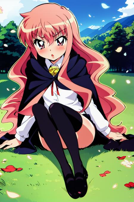 louise zero default, louise francoise le blanc de la valliere, <lora:Louise Zero_v0.2:1>, 1girl, solo, black thighhighs, pink hair, pentacle, petals, long hair, pink eyes, cape, mary janes, shoes, zettai ryouiki