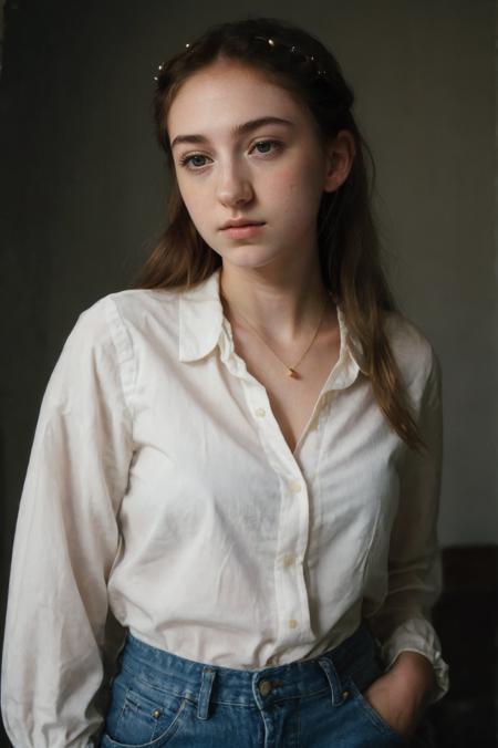 (closeup) Portrait of pretty young (18-year-old) pale milky white skin Caucasian (futurasienna5000v5) ((Leaning forward, projecting strength and sensuality.:1.07)), (flat chest:1.15), outdoor, BREAK (blonde Delicate braided crown: Thin braids woven around the head to create a delicate crown-like effect, adding a bohemian touch to any outfit.), no makeup, long dainty necklace, ((elegant, classy, Pale yellow button-up blouse with wide-leg cropped trousers.)) , <lora:epi_noiseoffset2:1> BREAK (magazine cover:1.10), BREAK (masterpiece, extremely detailed skin, photorealistic, heavy shadow, dramatic and cinematic lighting, key light, fill light), sharp focus, BREAK location is (outdoor Kruger National Park, South Africa), <lora:InstantPhotoX3:0.6>, <lora:ClothingAdjuster3:-0.4>