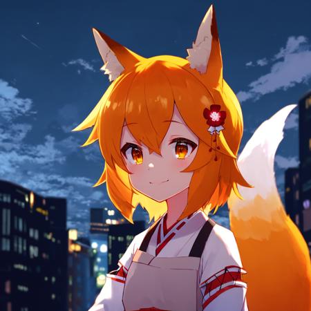 ((best quality:1), (masterpiece:1), (ultra-detailed:1):1.3), dark night, low brightness, detailed background, cinematic lighting,, sen, animal ears, fox ears, fox girl, fox tail, hair flower, hair ornament, orange eyes, orange hair, short hair, tail, flat chest, 1girl, solo, kimono, miko, japanese clothes,, dark night, cowboy shot, smile, cloud, sky, outdoors, cloudy sky, post-apocalypse, street, city, cityscape, city lights, dynamic pose, upper body, upper body,