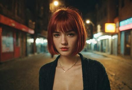 Kodak Ektachrome film, 20mm f/1.2, Marcell Rév style, solo, teardrop breasts, short-medium length hair, small breasts, night time photo shoot, (petite:1.2), straight bangs, freckles, choker, exposed breasts, 20 year old female, realistic, neo future city alley, (adorable face:1.3), red hair highlights, analog vintage style film photo, warm photo, film grain, sweater cardigan