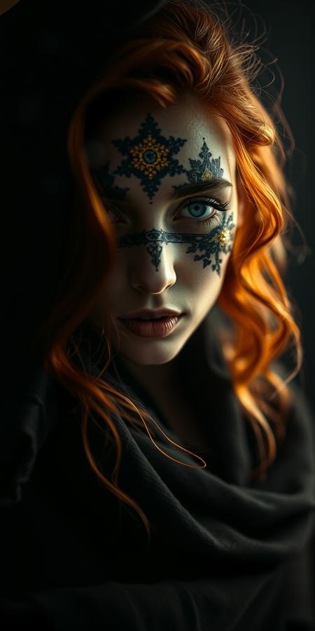 ((((dark Lighting Photography by Mimoza Veliu and Mario Giacomelli))),Close-up face, mysterious silhouette of an exotic girl in worn down clothing, ((black and golden fine cosmetic over face, black cosmetic, golden cosmetic)), goddess, alluring, by Minjae Lee, Carne Griffiths, Emily Kell, Steve McCurry, Geoffroy Thoorens, Aaron Horkey, Jordan Grimmer, Greg Rutkowski, amazing depth, double exposure, surreal, geometric patterns, intricately detailed, bokeh, perfect balanced, deep fine borders, artistic photorealism , red hair, wavy hair, open hair, blue eyes, smooth, breathtaking background, <lora:TWbabeXL01:0.5>