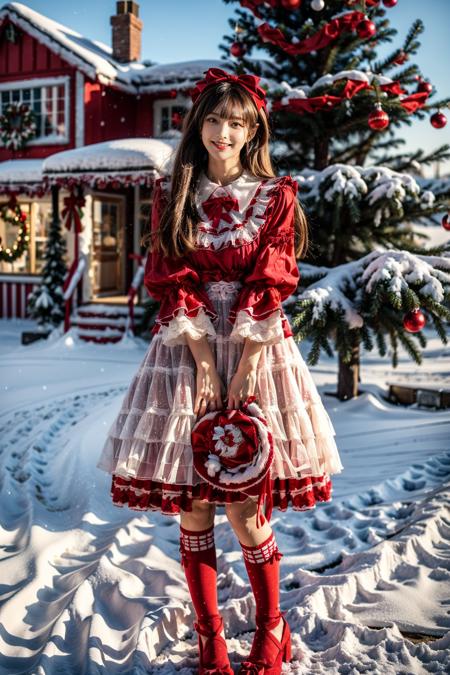 best quality, masterpiece, photorealistic, 1girl, solo, long straight hair, looking at viewer, smile, cyb dress, lace-trimmed dress, layered dress, wide sleeves, bow, red footwear, kneehighs, outdoors, snow, people, christmas, christmas tree, christmas ornaments, <lora:christmas_dress_style1_v1:0.7>, <lora:add_detail:1>