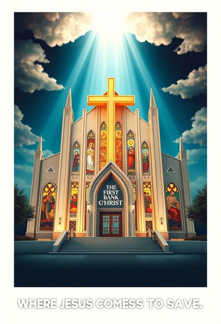 “An advertising poster for a fictional Christian-themed financial institution called ‘The First Bank of Christ’, featuring the slogan ‘Where Jesus Comes to Save’. The central focus is an imaginative bank building that blends postmodern 1950s architecture with Gothic cathedral elements. The structure includes sleek, symmetrical lines and mid-century design motifs—such as concrete fins, large glass windows, and retro signage—merged with Gothic features like stained glass windows, pointed arches, flying buttresses, and stone gargoyles. A large, illuminated cross stands atop or in front of the building, with the name ‘The First Bank of Christ’ emblazoned on it in elegant, serif lettering.  Motto at bottom of poster reads “WHERE JESUS COMES TO SAVE”:1.2,
The atmosphere is bright and uplifting, with heavenly rays of light shining from the clouds above, casting a warm glow on the building. The setting is clean and idealized, resembling a religious-commercial utopia. Optional additions include stained glass windows depicting scenes of generosity or financial miracles, and worshippers/customers entering through ornate golden doors. The overall tone is reverent yet tongue-in-cheek—inviting and visionary, with a subtle spiritual-commercial satire.”