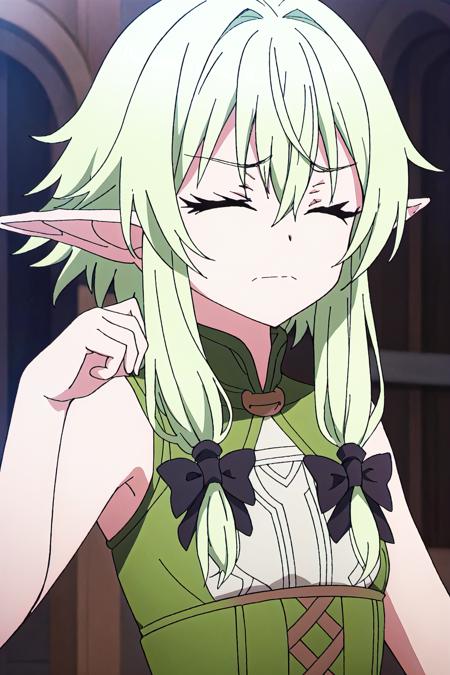 yousei, 1girl,  elf,  solo,  pointy ears,  closed eyes,  green hair,  anime coloring,  long hair,  sidelocks,  closed mouth,  black bow,  upper body,  bangs,  bow,  hair bow,  bare shoulders,  frown,  sleeveless,  hair between eyes,  hand up
high quality, best quality, ultra detailed, masterpiece, <lora:EMS-59544-EMS:0.700000>