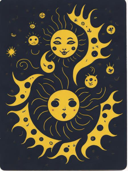 <lora:Dixit:1>a painting of a sun and a moon with faces on it