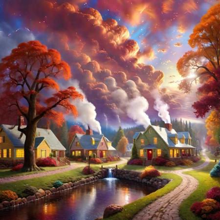 photo realistic, hyper detailed 8k Thomas Kinkade Style village with a large Thomas Cole Style landscape in   Style-Autumn with a sky like a nebula