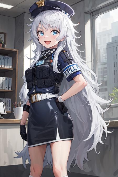 masterpiece, best quality, highres, 1girl, solo, long hair, hat, blue eyes, white hair, messy hair, black gloves, white socks, police uniform, black skirt, short sleeves, <lora:poli_(nikke)_v1:0.6>, indoors, office, hand on hip, smile, open mouth,