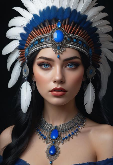 (best quality,8K,highres,masterpiece), ultra-detailed, (realistic portrait) of a girl, solo, showcasing long, flowing black hair and captivating blue eyes that hold the viewer's gaze. This portrait emphasizes her striking features enhanced by meticulous makeup, including vivid lipstick that accentuates her lips. She wears exquisite jewelry, a necklace that complements her attire, and is adorned with a unique headdress featuring feathers, adding a majestic and ethereal quality to her appearance. The inclusion of a mask and face paint draws inspiration from Native American traditions, enriching the portrait with cultural depth and significance. The overall composition is a celebration of beauty, tradition, and the artistry of makeup and adornment, rendered with lifelike precision and attention to detail,realistic portrait