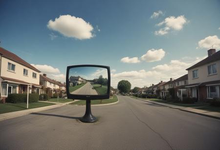 Score_9, score_8_up, score_7_up, (((surrealism))), surr, ((semi-realistic)), ((fish-eye lens)), a suburban street, (((the sky looks like analog TV static))), ((TV static sky)), people have come out into their gardens to stare blankly at the sky, something about the image is unsettling