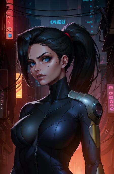 annflores. black hair, blue eyes, ponytail, mole under left eye, bodysuit,
looking at viewer, standing, upper body, serious,
 cyberpunk, city, night,
(insanely detailed, beautiful detailed face,beautiful detailed eyes, masterpiece, best quality)   <lora:annflores-10v7:0.8>