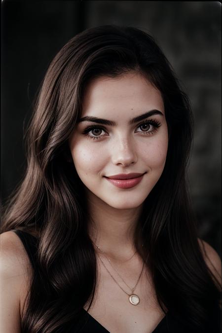 photo of (m1ssb0tez:0.99), a woman, perfect hair, posing, (vintage photo, tunic), (closeup portrait), necklace, 24mm, (tintype), (analog, cinematic, film grain:1.3), ((plaing Charcoal Gray background, gradient)), ((detailed eyes)), smiling, (epicPhoto)