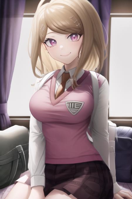 Masterpiece, Best Quality, <lora:KaedeDG:1>, KaedeDG, 1girl, necktie, sweater vest, breasts, looking at viewer, shirt, long sleeves, solo, backpack, beamed eighth notes, white shirt, collared shirt, medium breasts, school uniform, smile, solo, close-up,