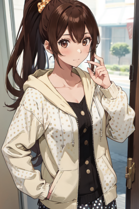 AkineKuga, 1girl, solo, very long hair, brown hair, long sleeves, brown eyes, collarbone, high ponytail, hair scrunchie, hooded sweater, hood down, polka dot skirt, 