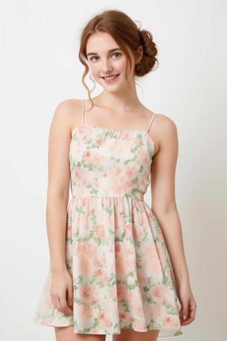 HD, perfect quality, 16k, very detailed,  a beautiful 21yo college girl with ginger hair in an updo, pale skin, wearing a calico floral dress, pink fleckes, green eyes, slim, detailed skin, hair behind ear, smiling proudly, standing in front of white background, pulling her dress off